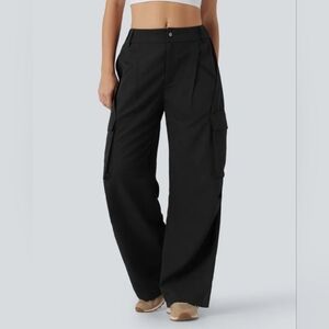 HALARA Mid Rise Button Zipper Side Pocket Wide Leg Casual Cargo Pants